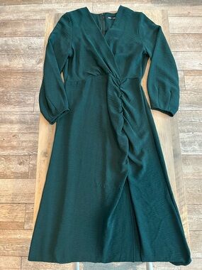 Zara Médium Long Sleeve Emerald Green Wrap Midi Dress